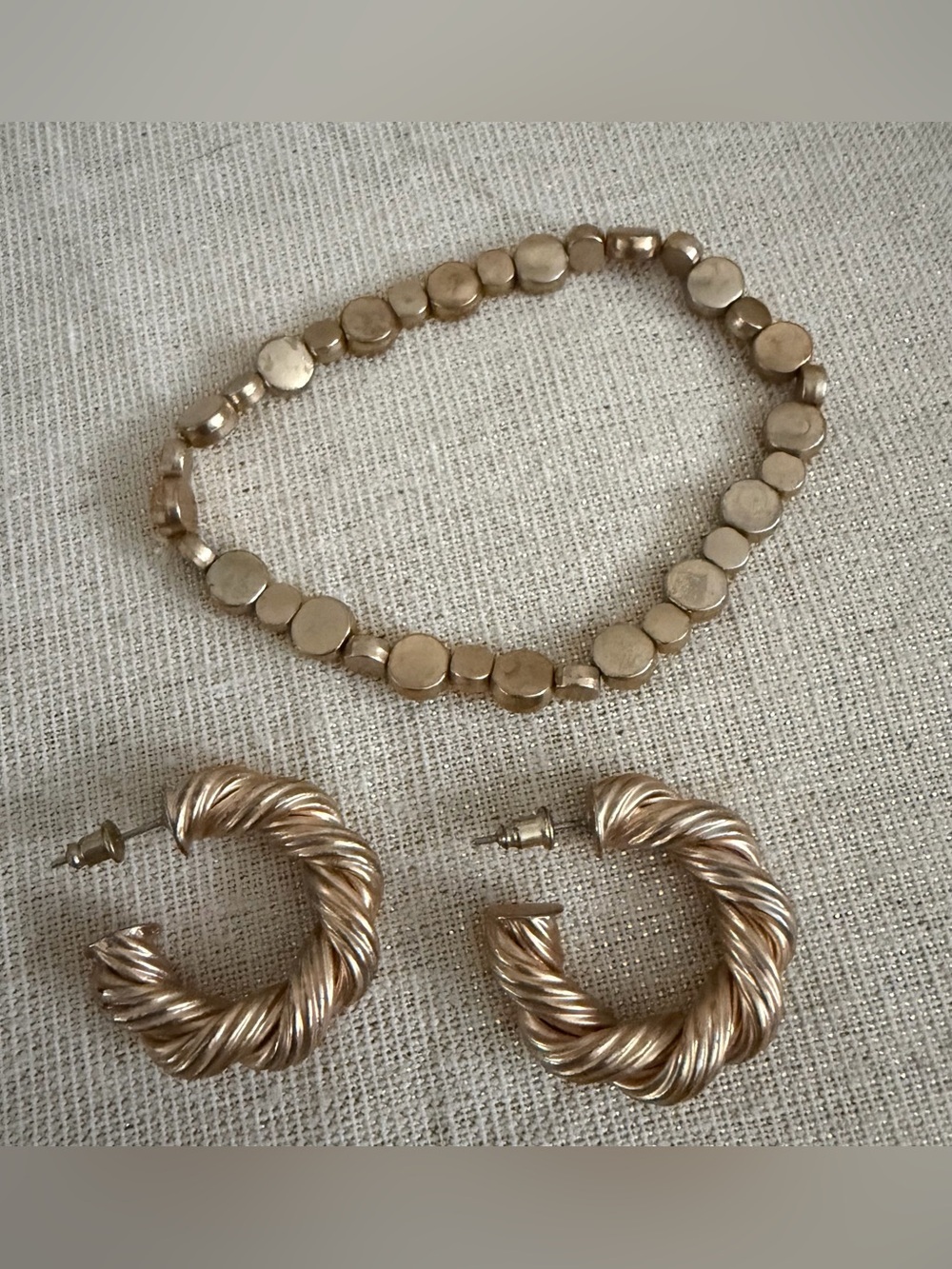 Gold-Tone Beaded Stretch Bracelet & Twisted Hoop Earrings Set